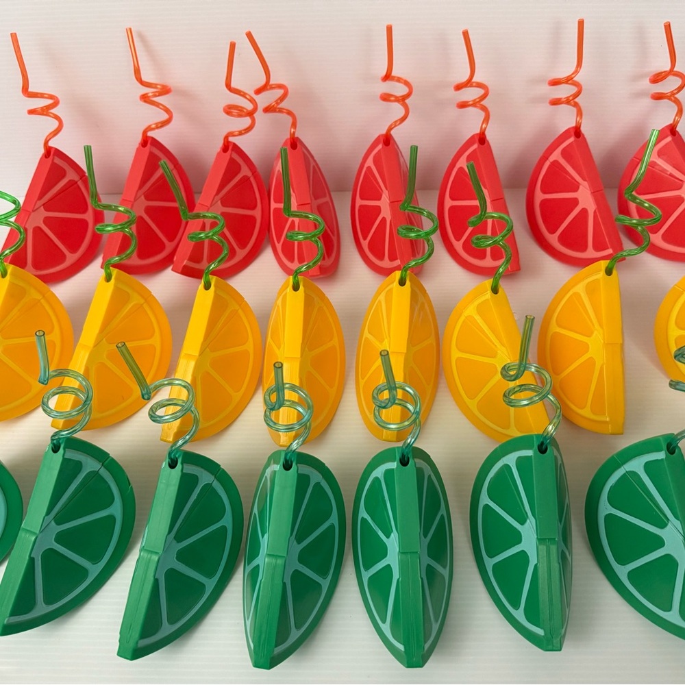 Lot Of 24 Novelty Fruit Design Drinking Cups w/ Fun Straws Summer Party Tumblers